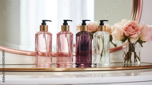 Bottles and vials for cosmetics. Fashionable background for design projects. Illustrations created using artificial intelligence. Illustrations and Clip Art AI generated.