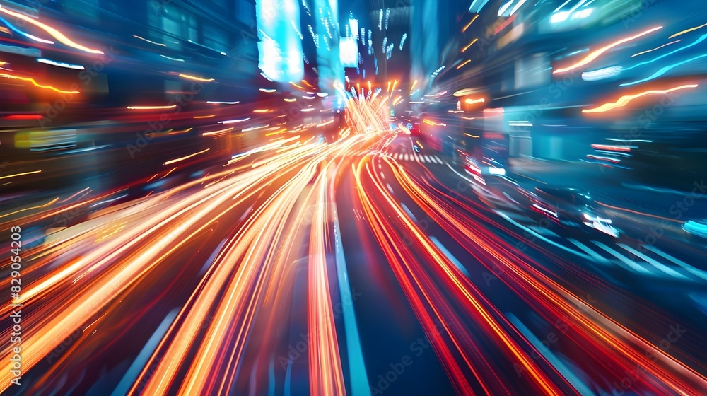 Night cityscape with light trails from fast-moving traffic against illuminated skyscrapers. Night cityscape with light trails from fast-moving traffic against illuminated skyscrapers.