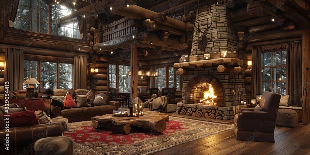 Cabin Comfort: Bear Rug and Fireplace, generative ai Cabin Comfort: Bear Rug and Fireplace, generative ai