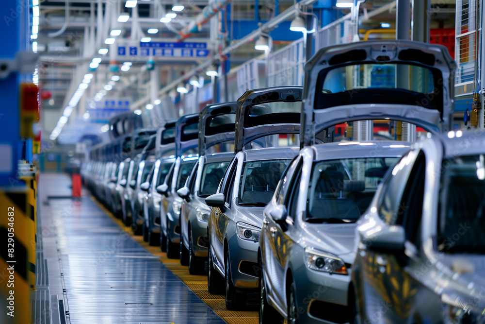 Obraz premium Line of Cars on an Assembly Line