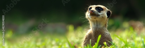 A vigilant meerkat stands upright in a natural grassland habitat, looking around alertly with a curious expression photo