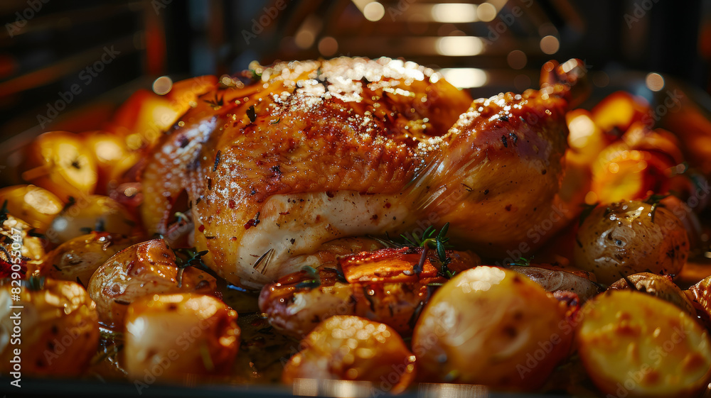 Naklejka premium A roasted chicken surrounded by potatoes in an oven.