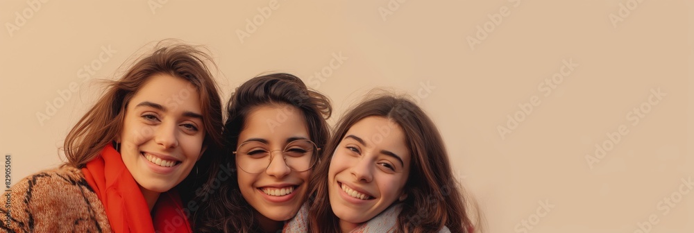 Trio of cheerful young women embracing and smiling with a large blank space for copyspace