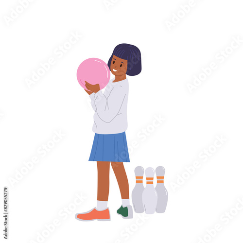 Cute pretty girl child bowling player cartoon character holding ball standing nearby skittles