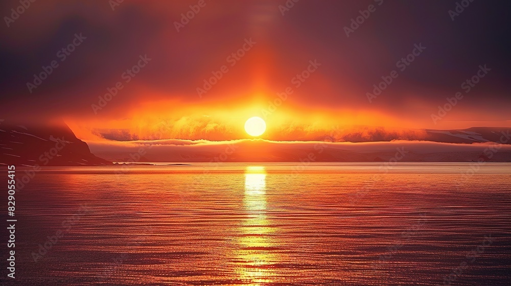 Fototapeta premium A Mesmerizing Spectacle of the Midnight Sun Unveils the Arctic's Enchanting Beauty