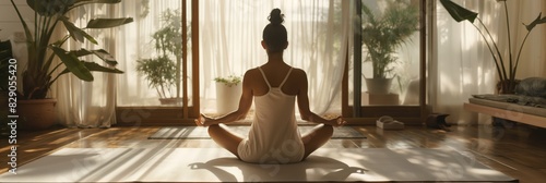 A woman enjoys a peaceful moment while practicing yoga in a sunlit room filled with plants