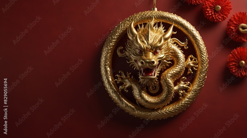 golden chinese dragon on red color background, generative ai golden chinese dragon on red color background, generative ai
