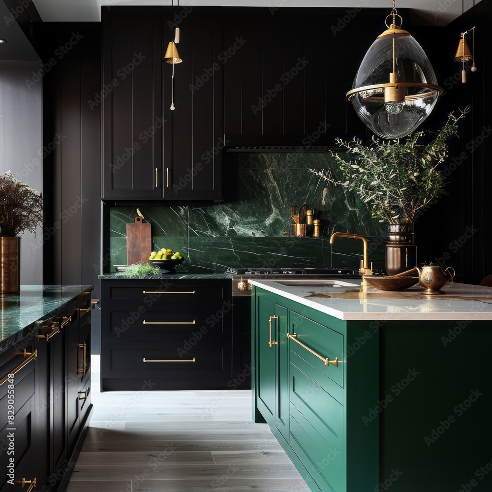 Modern black and green kitchen interior with matte black cabinetry, a ...