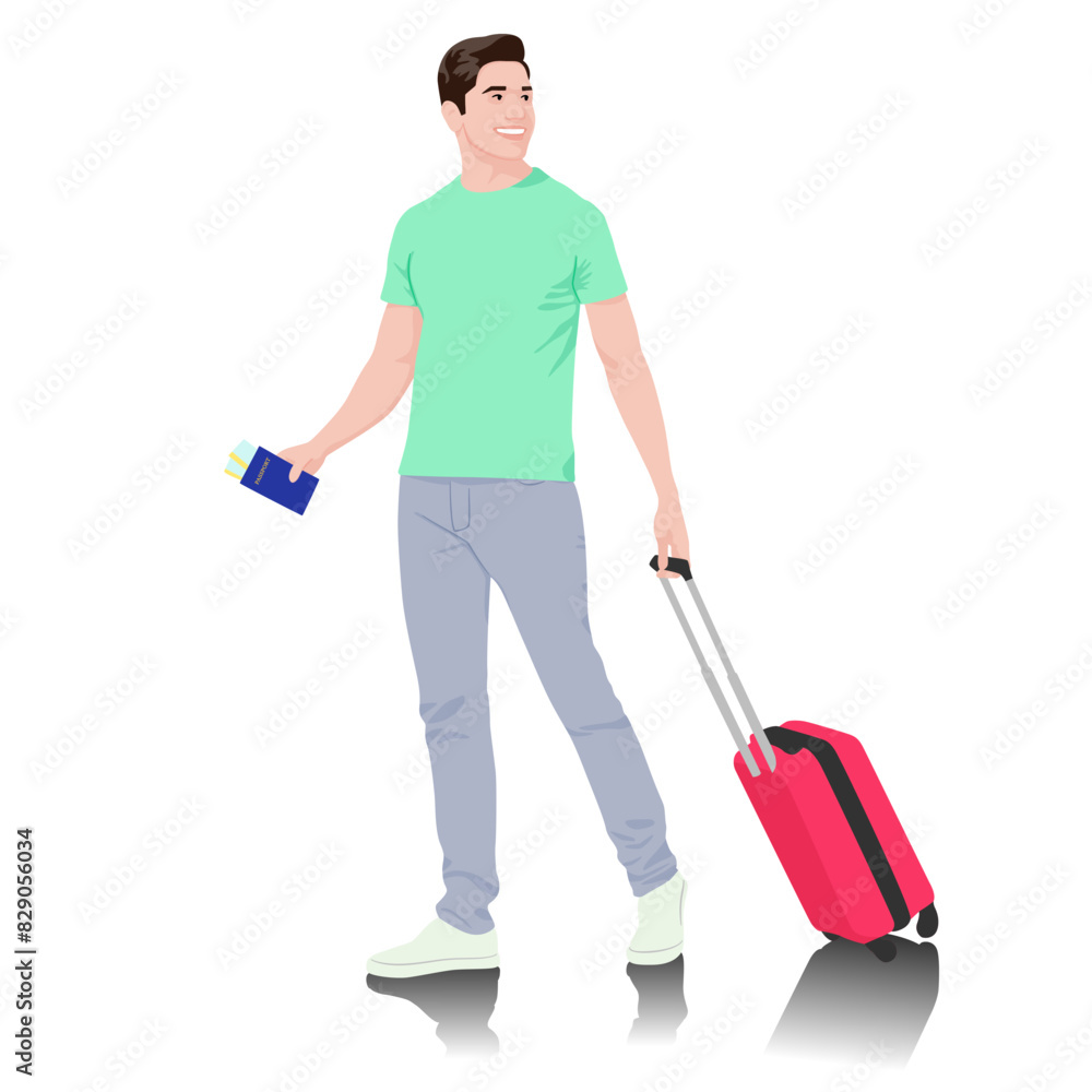 Young man tourist with passport and tickets. Male in casual clothes with a suitcase. Young male traveler goes on a journey. Vector illustration isolated on white Young man tourist with passport and tickets. Male in casual clothes with a suitcase. Young male traveler goes on a journey. Vector illustration isolated on white