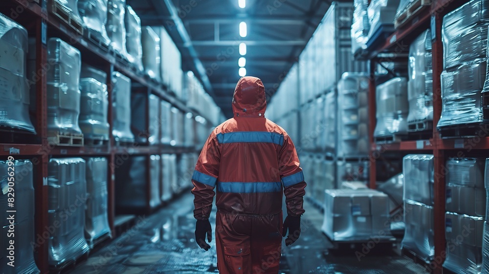 industrial worker in a freezer suit loading frozen goods onto pallets in a refrigerated warehouse industrial worker in a freezer suit loading frozen goods onto pallets in a refrigerated warehouse
