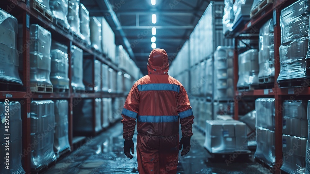 industrial worker in a freezer suit loading frozen goods onto pallets in a refrigerated warehouse