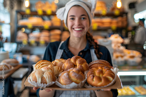 female baker holds fresh pastries, on a blurred bakery background with copy space.