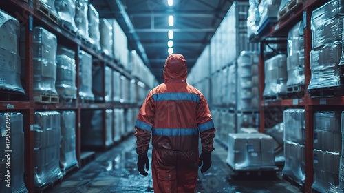 industrial worker in a freezer suit loading frozen goods onto pallets in a refrigerated warehouse photo