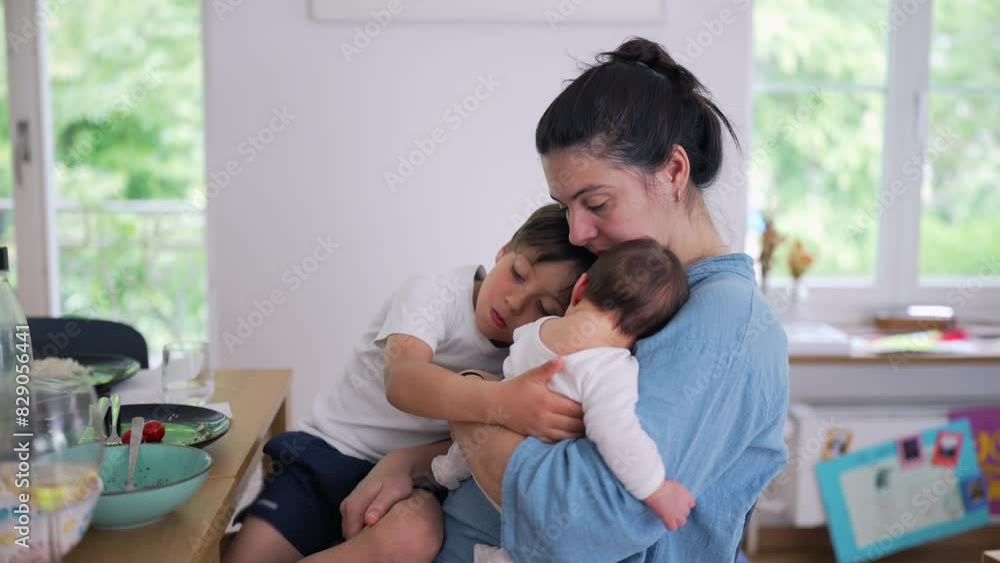 Mother holding both a baby and a young child, smiling warmly. joyful and nurturing side of parenthood in a cozy indoor setting Mother holding both a baby and a young child, smiling warmly. joyful and nurturing side of parenthood in a cozy indoor setting