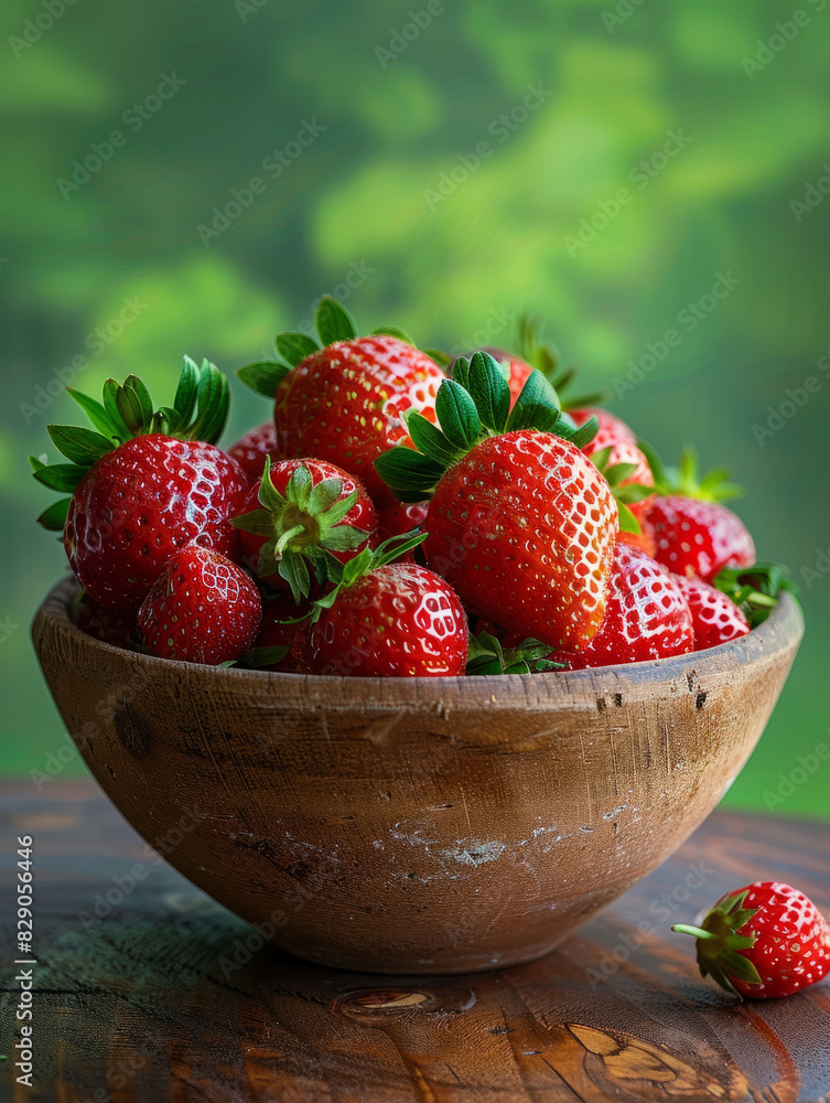 A wooden bowl filled with fresh strawberries on a wooden surface. A wooden bowl filled with fresh strawberries on a wooden surface.