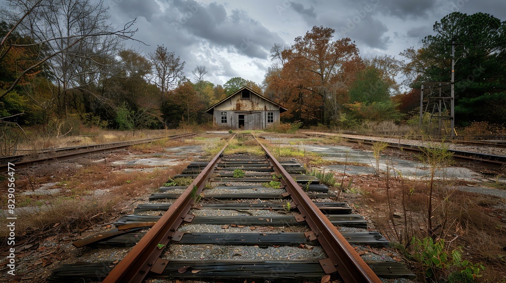 Old railroad tracks leading to an abandoned building in the middle of a forest.