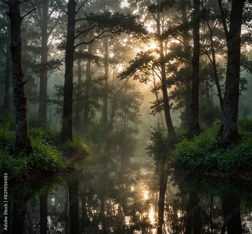 Naklejka premium A beautiful morning in the forest watching the sunrise, generative image there