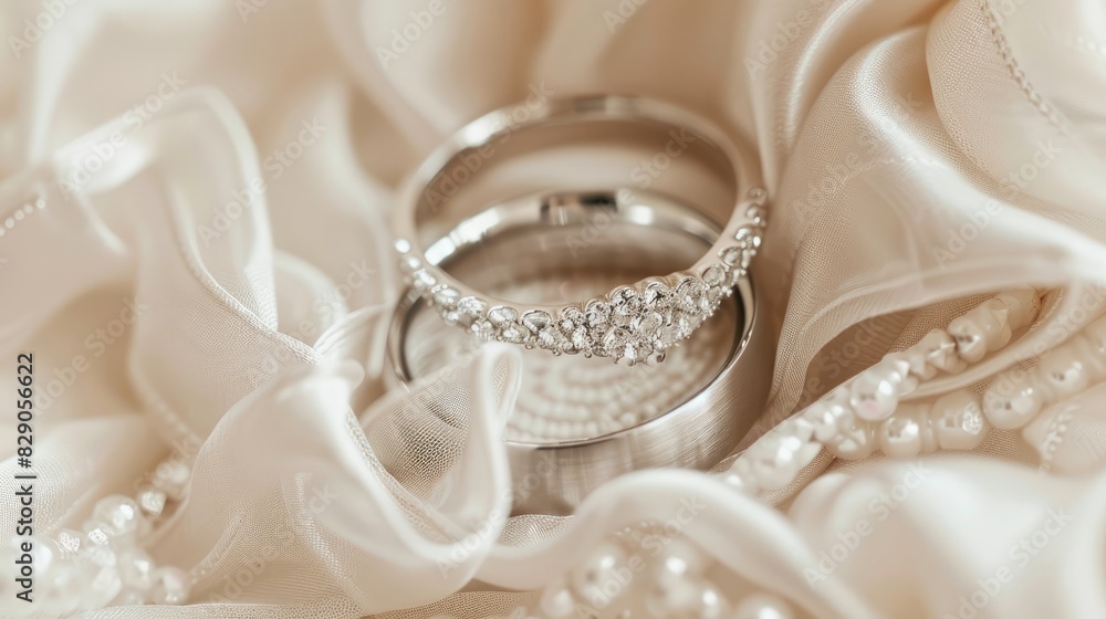 Wedding bands enhanced with crystals rest on a soft white fabric Wedding bands enhanced with crystals rest on a soft white fabric