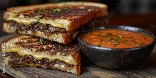 Tasty Grilled Cheese with Brie, Onions, and Tomato Bisque, generative ai