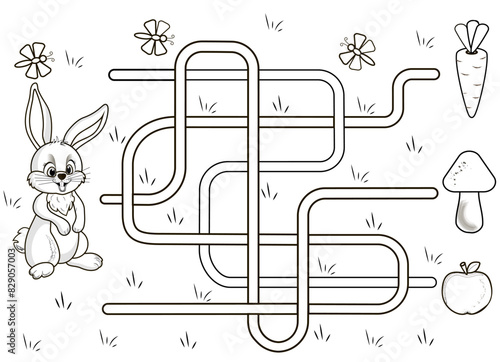 Help the rabbit find the way to eating carrots. Maze game for kids, puzzle on the road, confusion game with solution.  Black and white illustration for coloring. Illustration of vector eps 10.