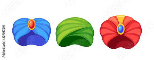Colorful Turbans In Blue, Green And Red Colors, Adorned With Jewel Embellishments, Represent Traditional Eastern Style