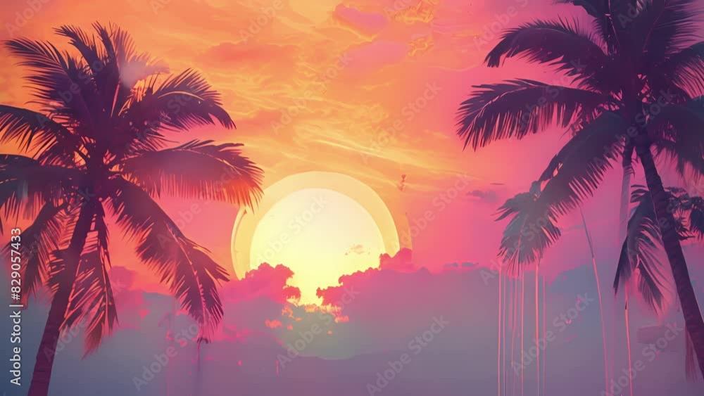 A tropical mural painted on the wall featuring a beautiful sunset and palm trees swaying in the breeze. A tropical mural painted on the wall featuring a beautiful sunset and palm trees swaying in the breeze.