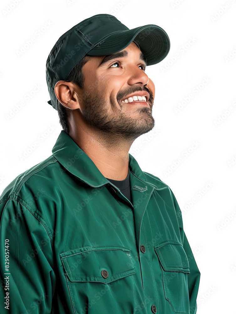 Smiling happy Latino American man in green uniform. Studio lighting, isolated on white background.
Smiling happy Latino American man in green uniform. Studio lighting, isolated on white background.
