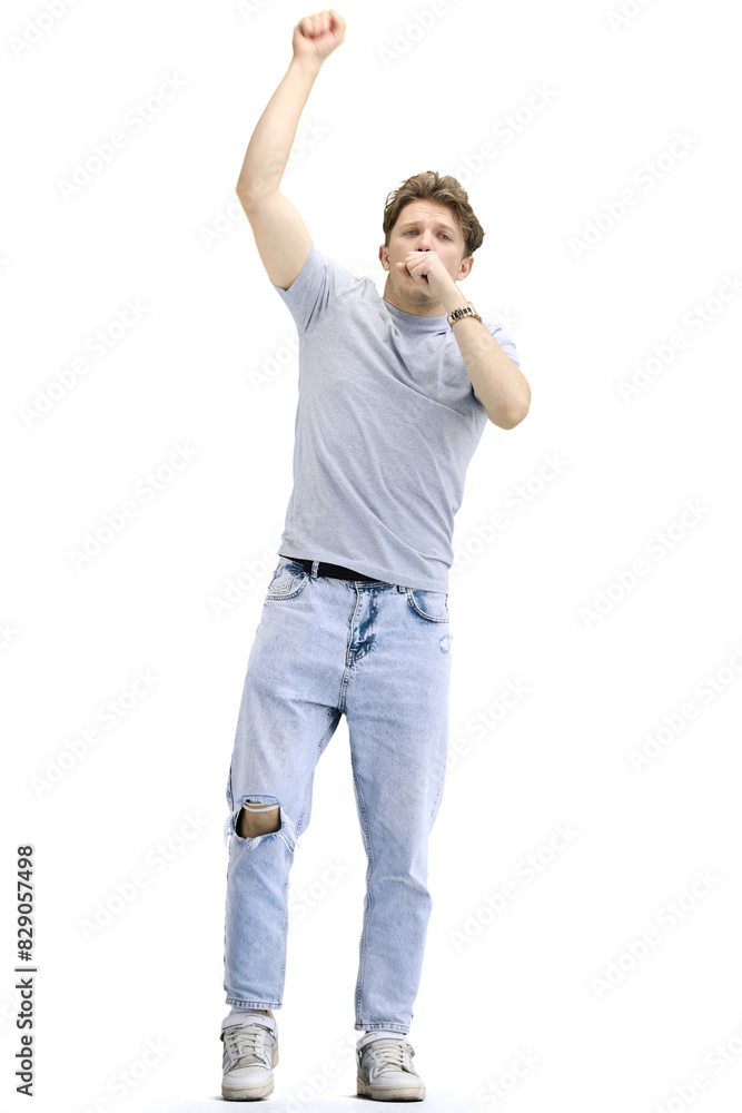 A man, on a white background, in full height, rejoices A man, on a white background, in full height, rejoices