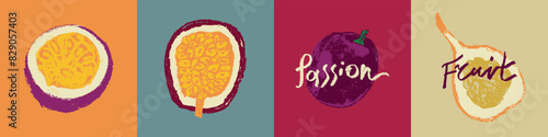 Passion fruit vector signs in hand drawn style with rough charcoal texture. Color granadilla symbol for cosmetics, yogurt, fruits puree label. Hand lettering passion fruit. Icon set of passion fruit.