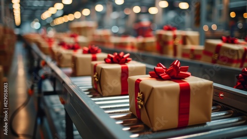 Vibrant row of red ribbon-wrapped gold gift boxes on grey conveyor belt in busy warehouse