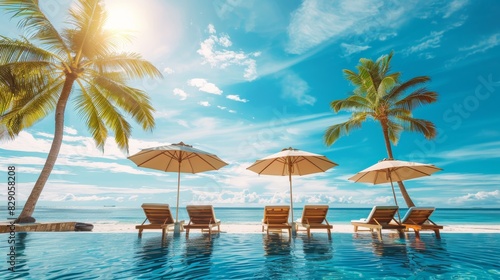 Luxury beach resort hotel swimming pool and palm trees on sunny summer island seaside