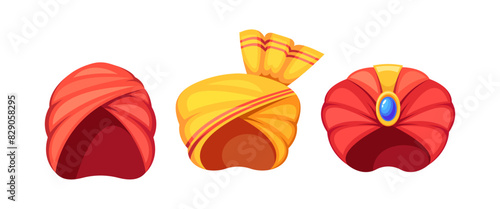 Brightly Colored Eastern Turbans In Red And Yellow Hues. Cartoon Vector Illustration Of Three Unique And Ornate Headwear
