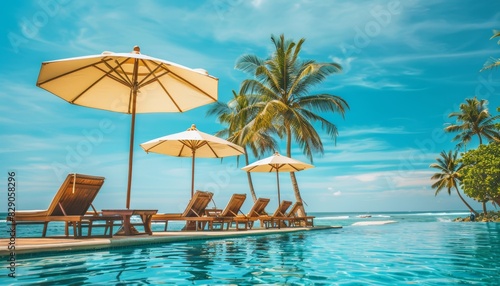 Luxury beach resort hotel with swimming pool  palm trees  and umbrellas for relaxing vacation