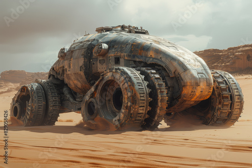 Armored behemoth rumbling across the desert sands, its turret swiveling ominously. Concept of modern warfare and armored superiority. Generative Ai. photo