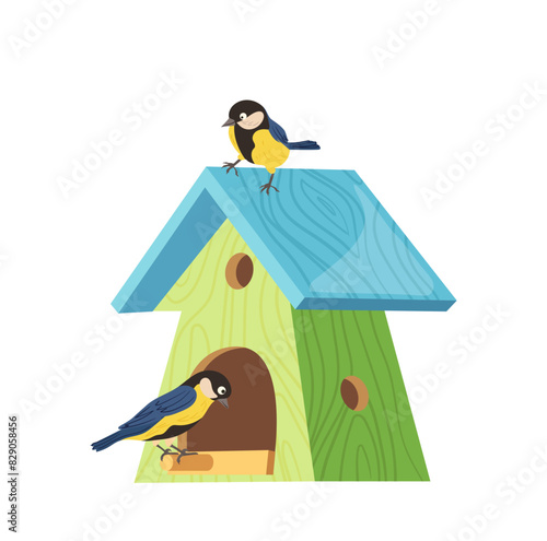 Colorful wooden titmouse birdhouse for wintering vector illustration isolated on white background