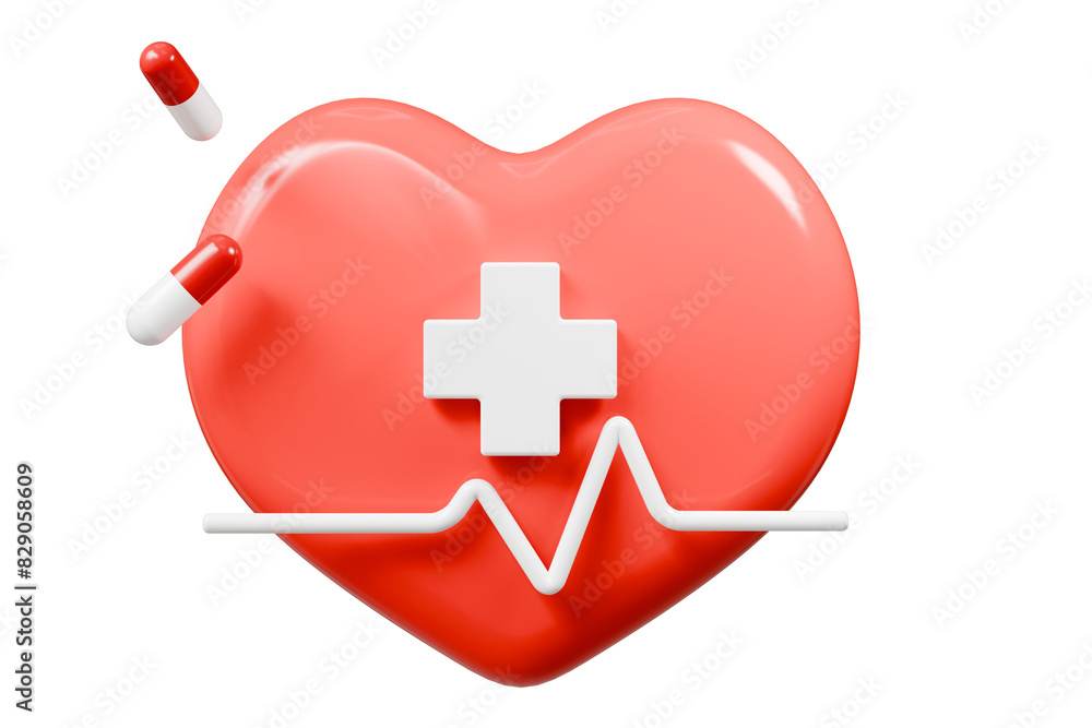 Fototapeta premium 3d Red heart and heartbeat wave icon isolated on blue background. Emergency, Safety, Hospital doctor equipment medic health care concept. 3d minimal heartbeat pulse sensor icon design. 3d render.