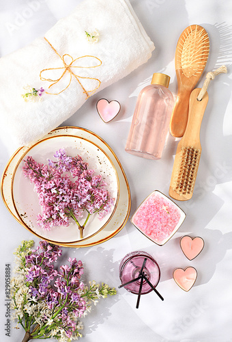 Spa and wellness composition with aromatic rose water, lilac water and lilac flowers, aromatherapy and skin care, lifestyle and organic cosmetics concept, salon invitation and advertisemen