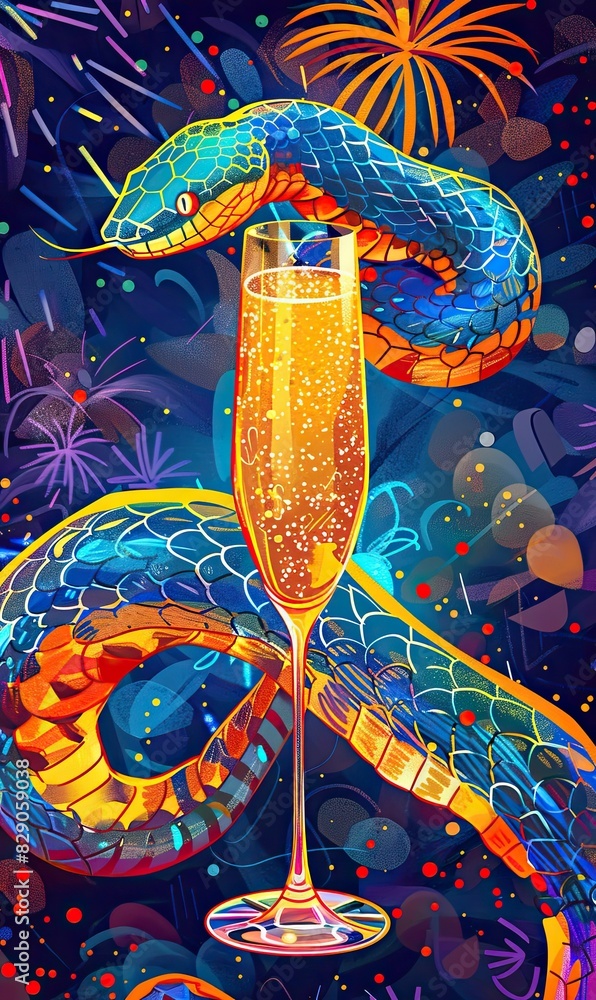Fototapeta premium A vibrant illustration of a snake wrapped around a champagne flute amidst a backdrop of fireworks and celebration