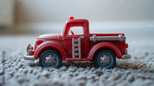 Red toy fire truck on a carpeted floor.