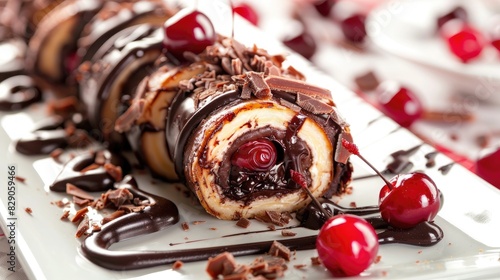 Chocolate banana roll with cherry on white background