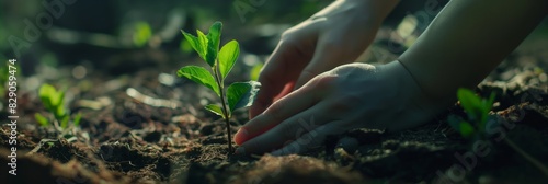 Hand tenderly planting a young seedling in rich brown soil, symbolizing growth, nurturing, and environmental care photo