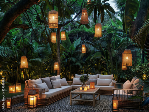 Summer garden lounge by night with moody lights and lanterns photo