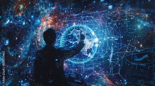 A business professional interacting with a futuristic digital hologram of the globe, representing global connectivity and technological innovation. This high-tech visualization highlights data, cyber 