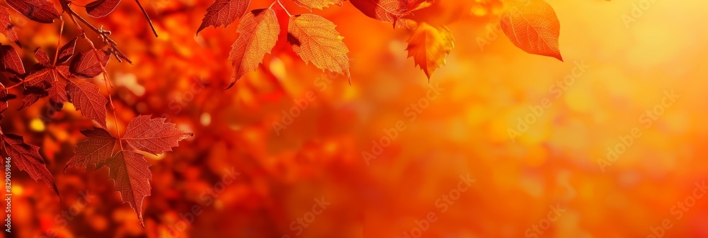 Close-up of vibrant red and orange leaves in autumn with a warm glowing background reflecting fall season Close-up of vibrant red and orange leaves in autumn with a warm glowing background reflecting fall season