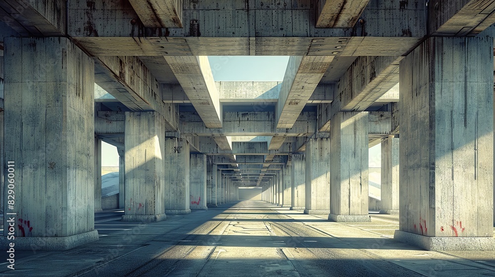 Obraz premium Sunlit underpass views of soaring concrete highway structures with sharp geometric shadows.