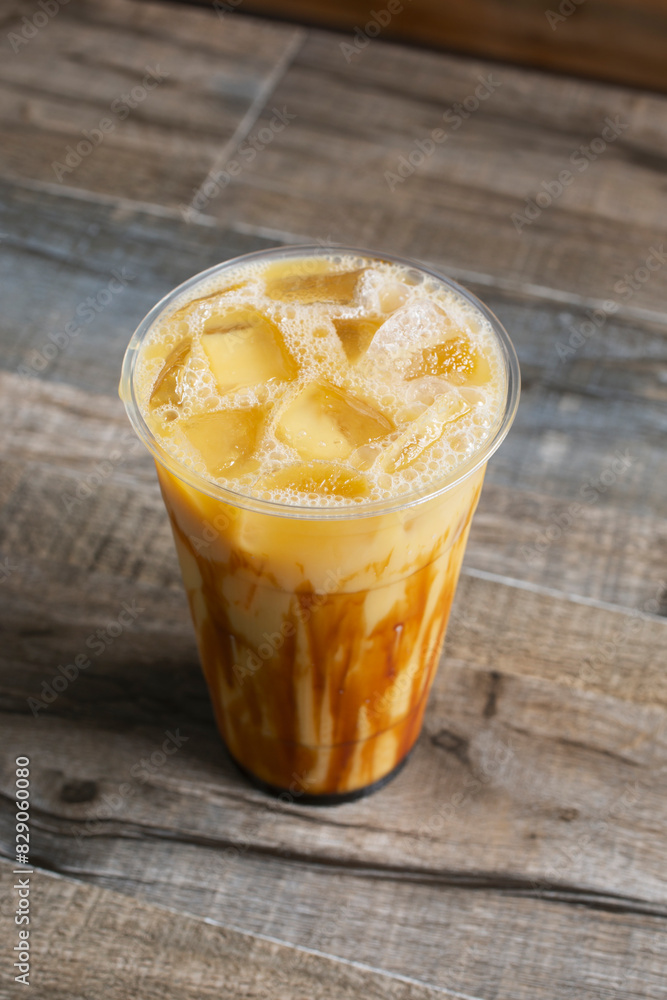 A view of a brown sugar mango fruit tea. A view of a brown sugar mango fruit tea.