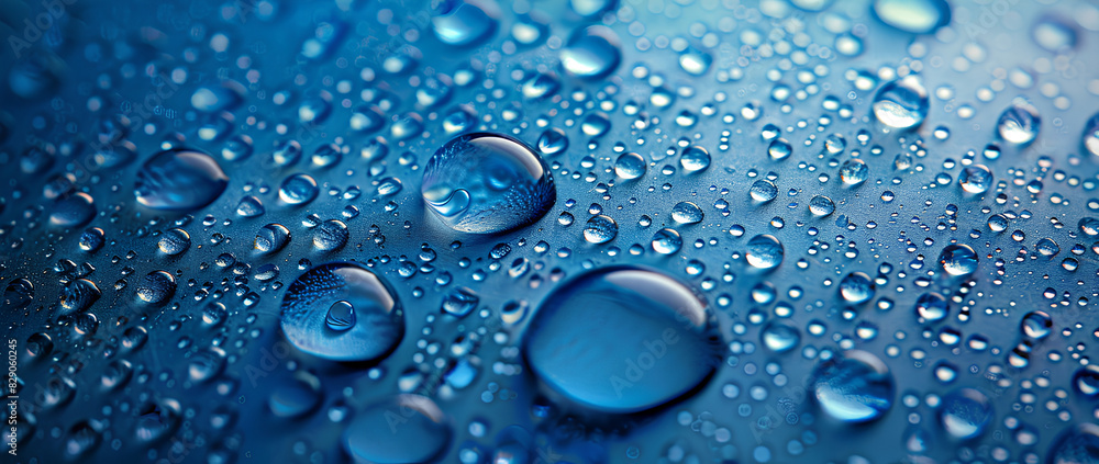 Panoramic banner of water drops on blue metal
Panoramic banner of water drops on blue metal