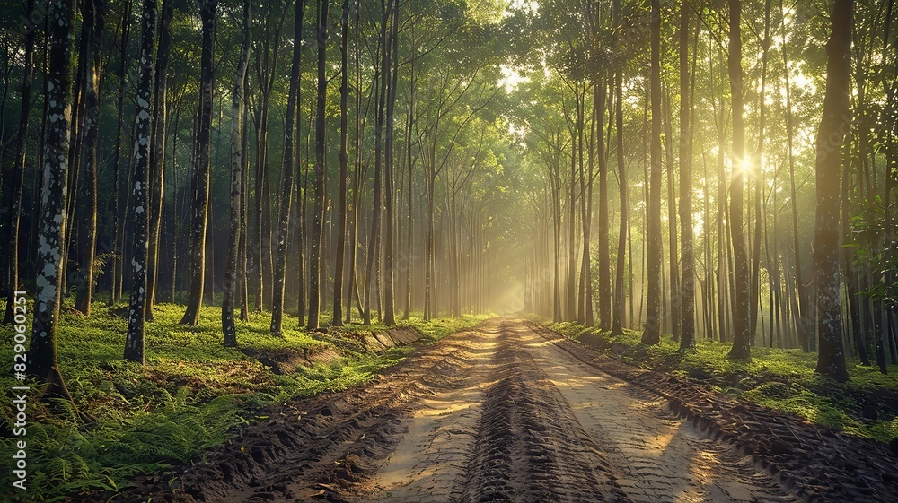 Obraz premium Earthy tones enveloping traditional rubber tapping process in natural forest setting at dawn