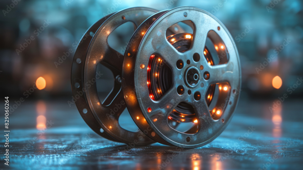 Two metallic film reels with lights in a bokeh background.