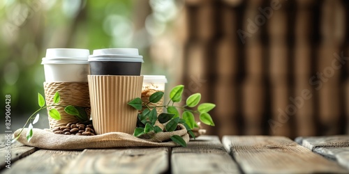 Reusable coffee cups made from sustainable materials on a rustic wooden backdrop, emphasizing eco-friendliness photo